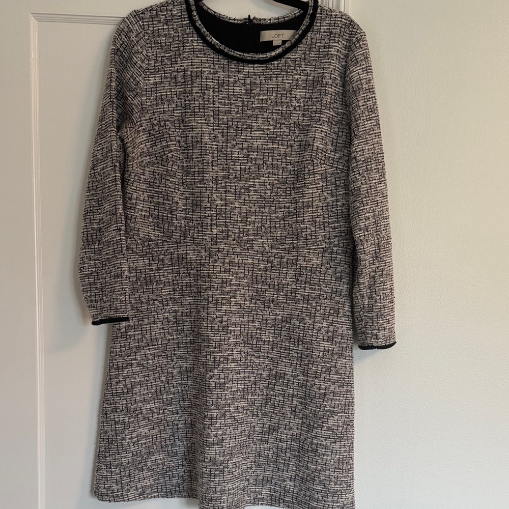 LOFT Black & White Textured Knit Long Sleeve Dress